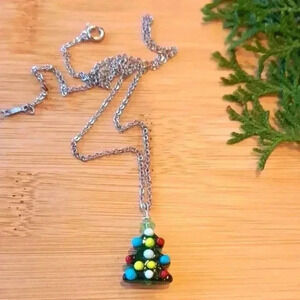Christmas Tree  Pendant Necklace Silver Green Yellow Blue